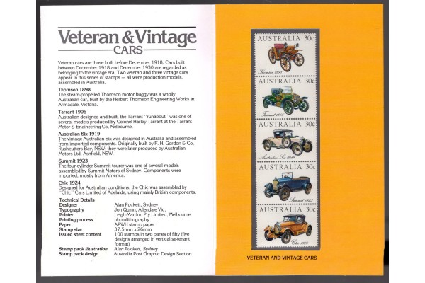 Australia, 1984 Veteran & Vintage Cars set of five stamps Presentation Pack 