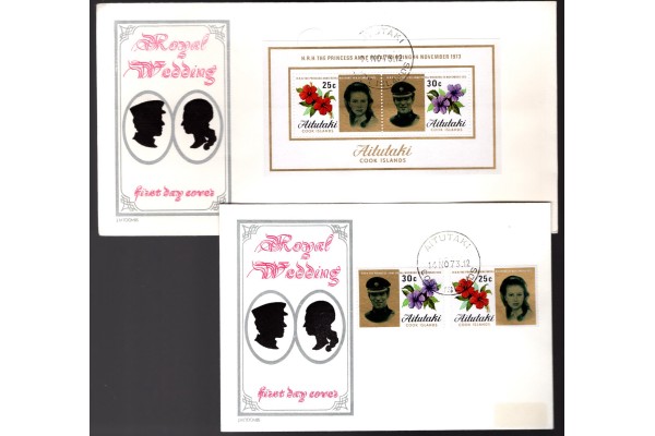 Royal Family, Royal Wedding 1973 Princess Anne & Mark Phillips, Aitutaki Pair of first Day Covers